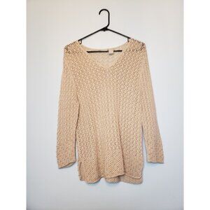 Field Gear Women L Sweater Crochet Style Pullover Sheer Beaded Sleeve Tan V Neck